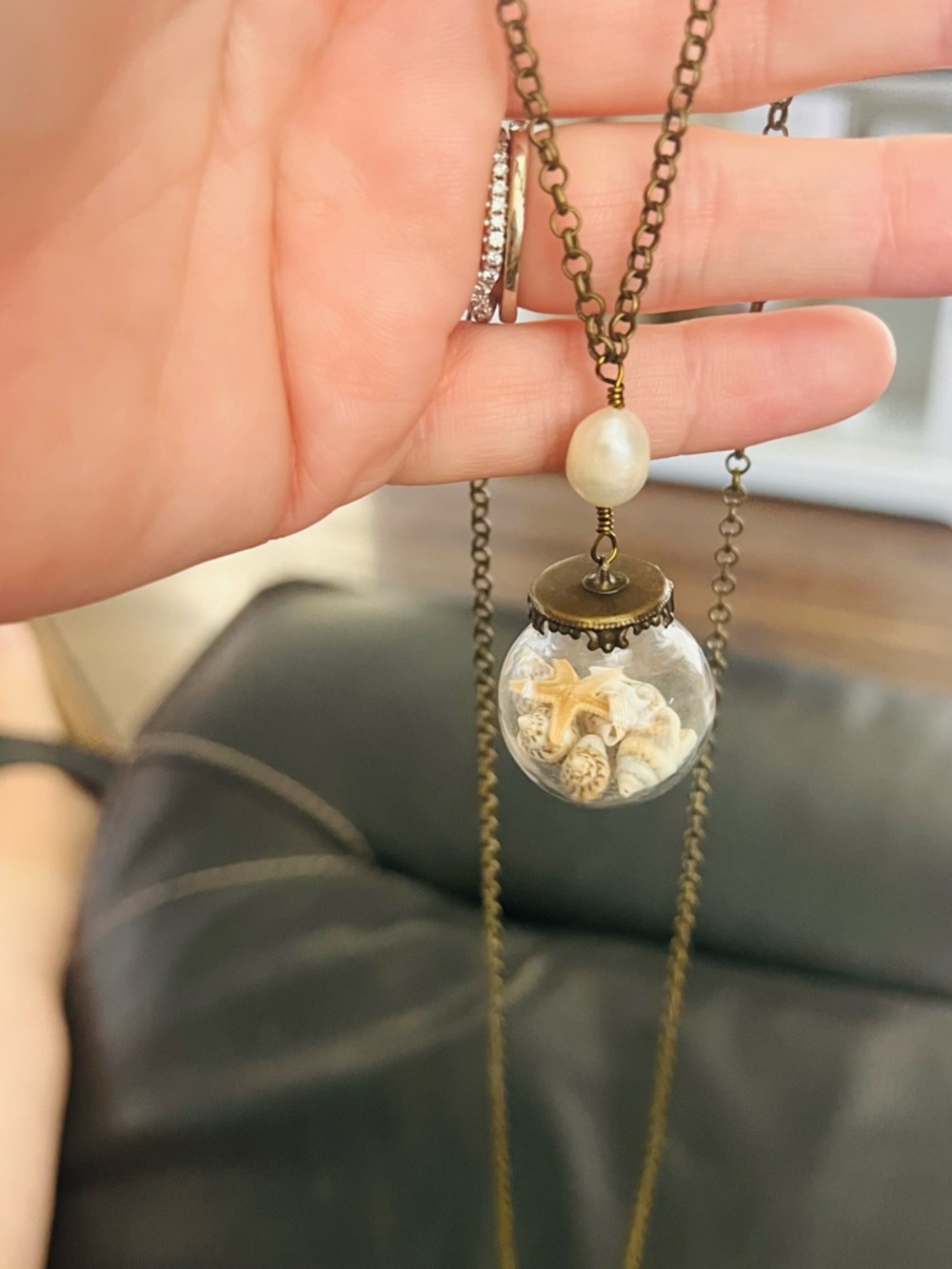 Glass Globe Seashell Pendant Necklace - Pearl Accent (Antique Brass)